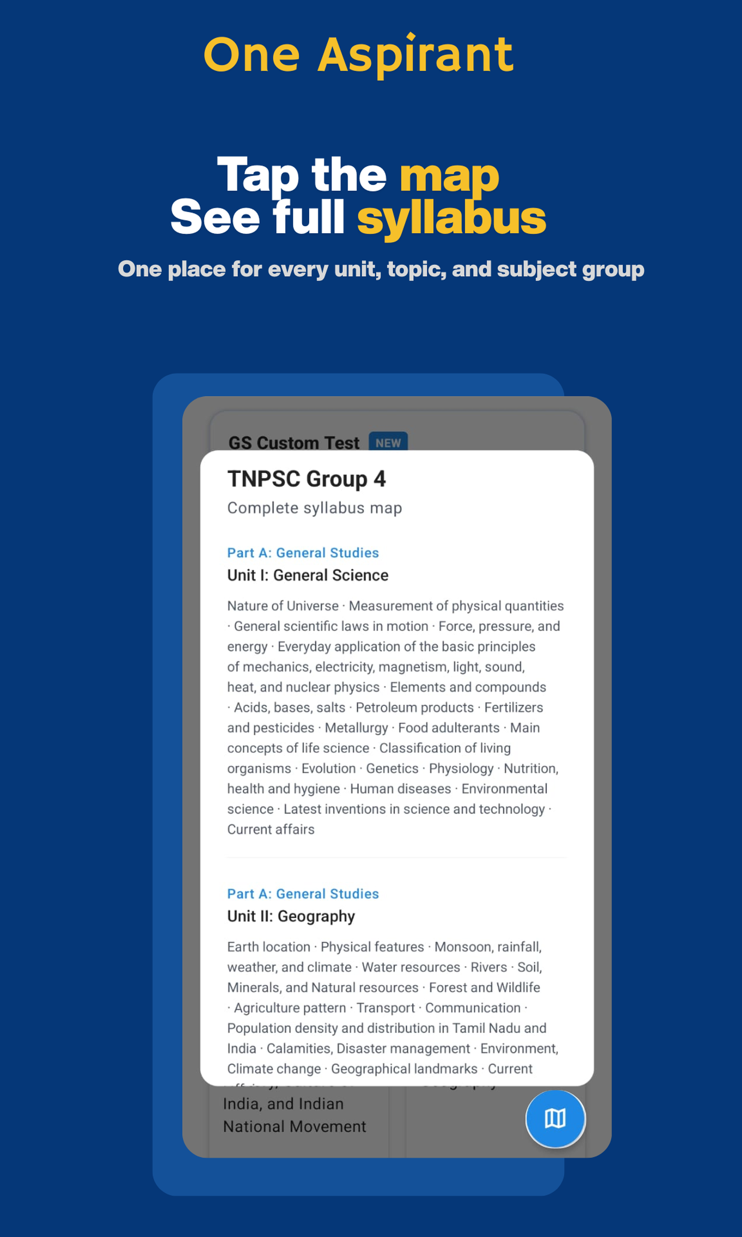 OneAspirant TNPSC syllabus map feature showing full Group 4 units, topics, and subject groups inside the app